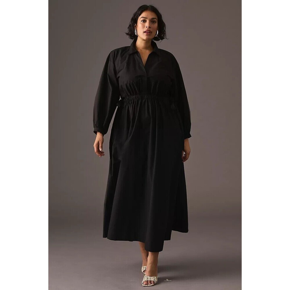 Anthropologie Maeve Clinched Shirt Dress Maxi Black Size Large Flowy Minimalist